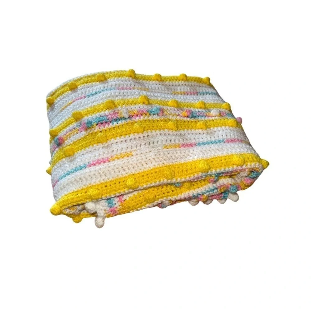 Little Duck Crochet Baby Blanket Pastel Stripe Bobble Pom‎ Pom Edge 36x36